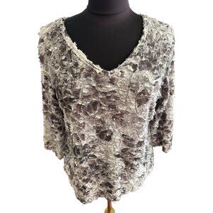 Investments Women's Textured V-Neck Long Sleeve Top Gray & White, Size Medium